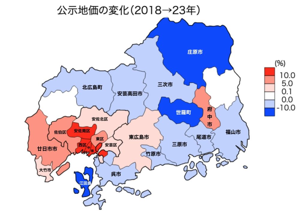 広島県の市区町村別の公示地価の変化図