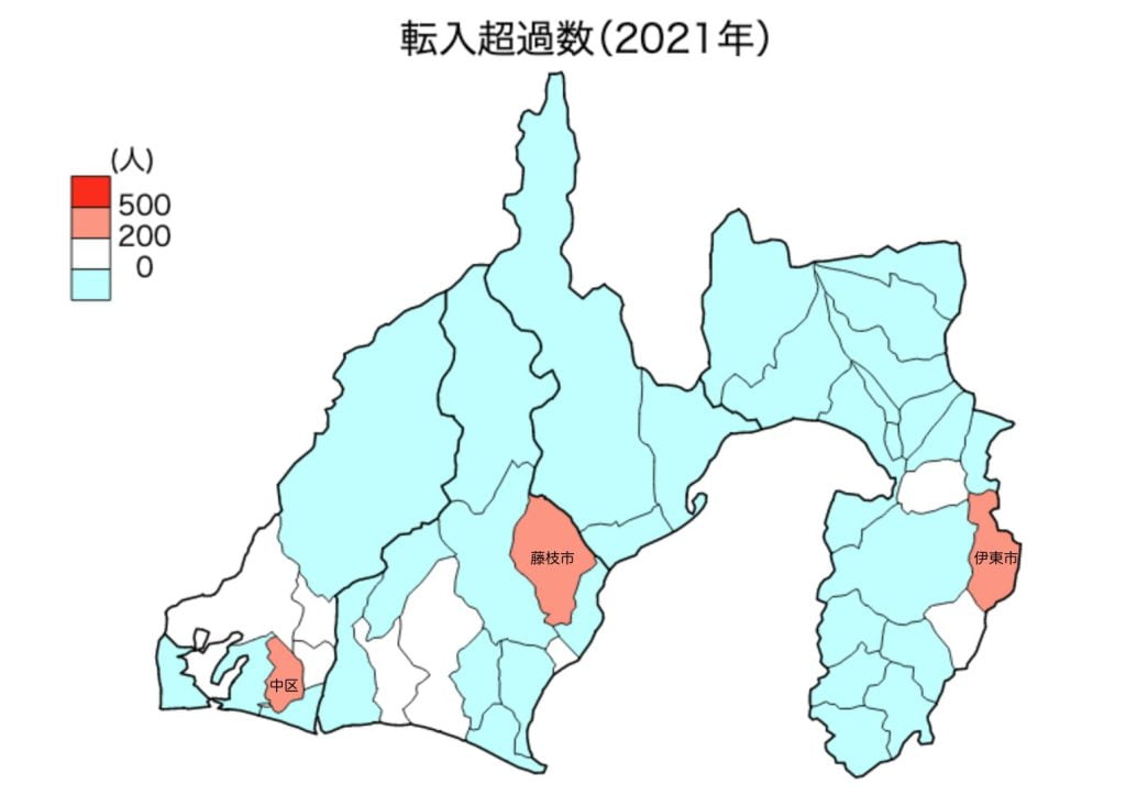 静岡県の転入超過数　地図（2021年）