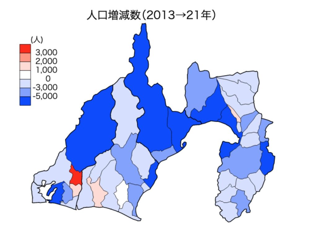 静岡県の人口変化　地図（2013〜21年）
