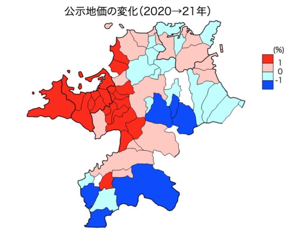 福岡県の公示地価の変化（2020〜21年）