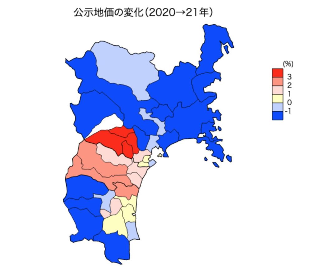 宮城県の公示地価の変化　地図（2020〜21年）
