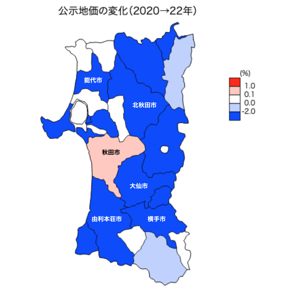 秋田県の公示地価 2020-22年