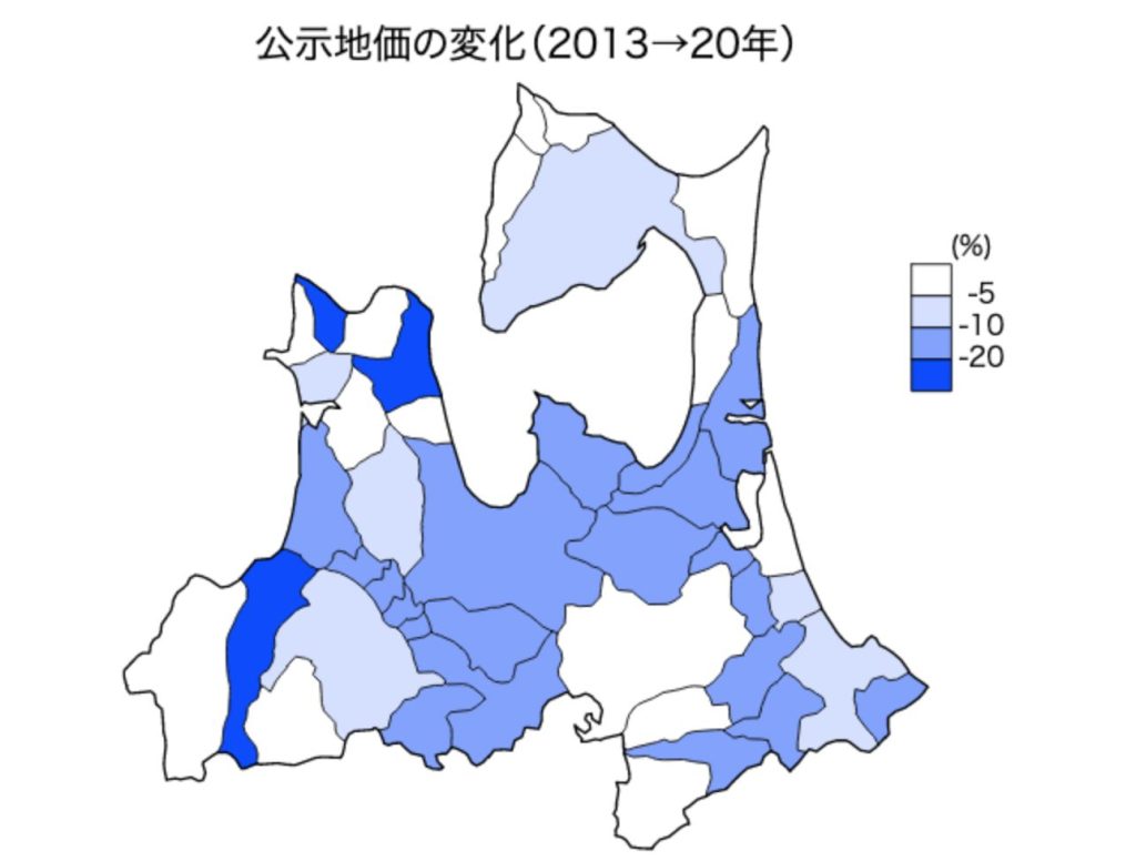 青森県の公示地価の変化 2013-20年