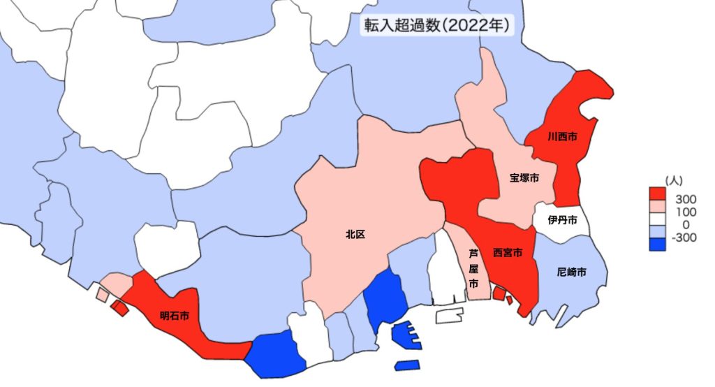 兵庫県の転入超過数　2022年