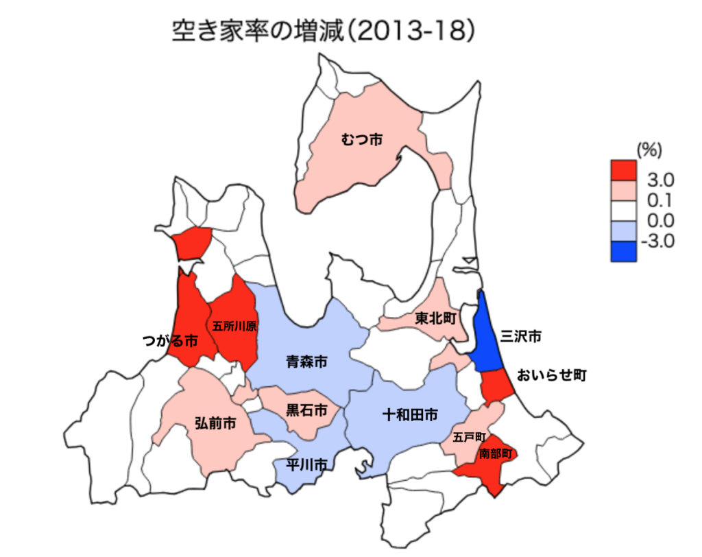 青森県の空き家率の変化（2013-18年）