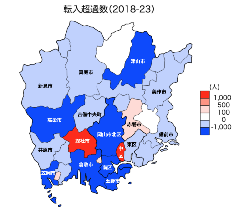 岡山県の転入超過数の変化図